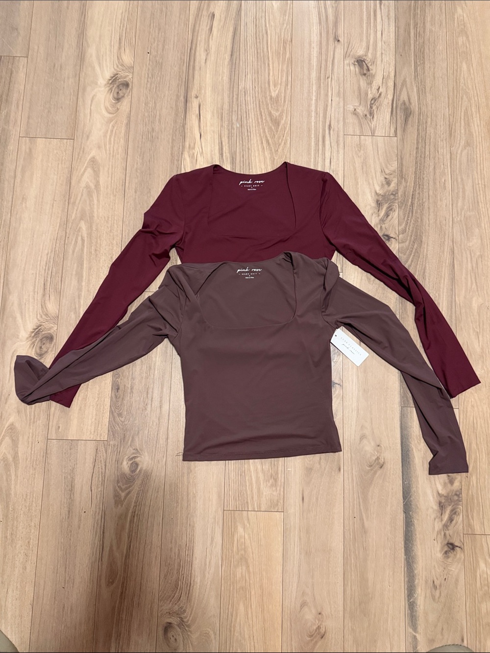 Pink Rose Square Neck Long Sleeve Tops - Burgundy & Brown